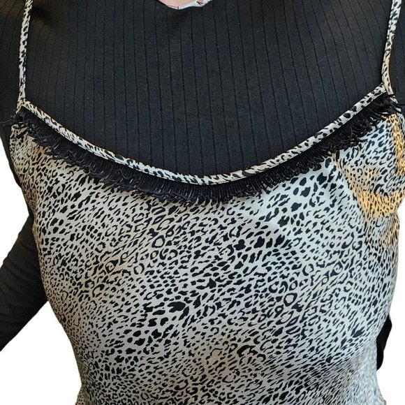 90s Medium Satin Leopard Print Cami‎ Tank Black Suede Fringe Cream Champagne - Picture 2 of 11
